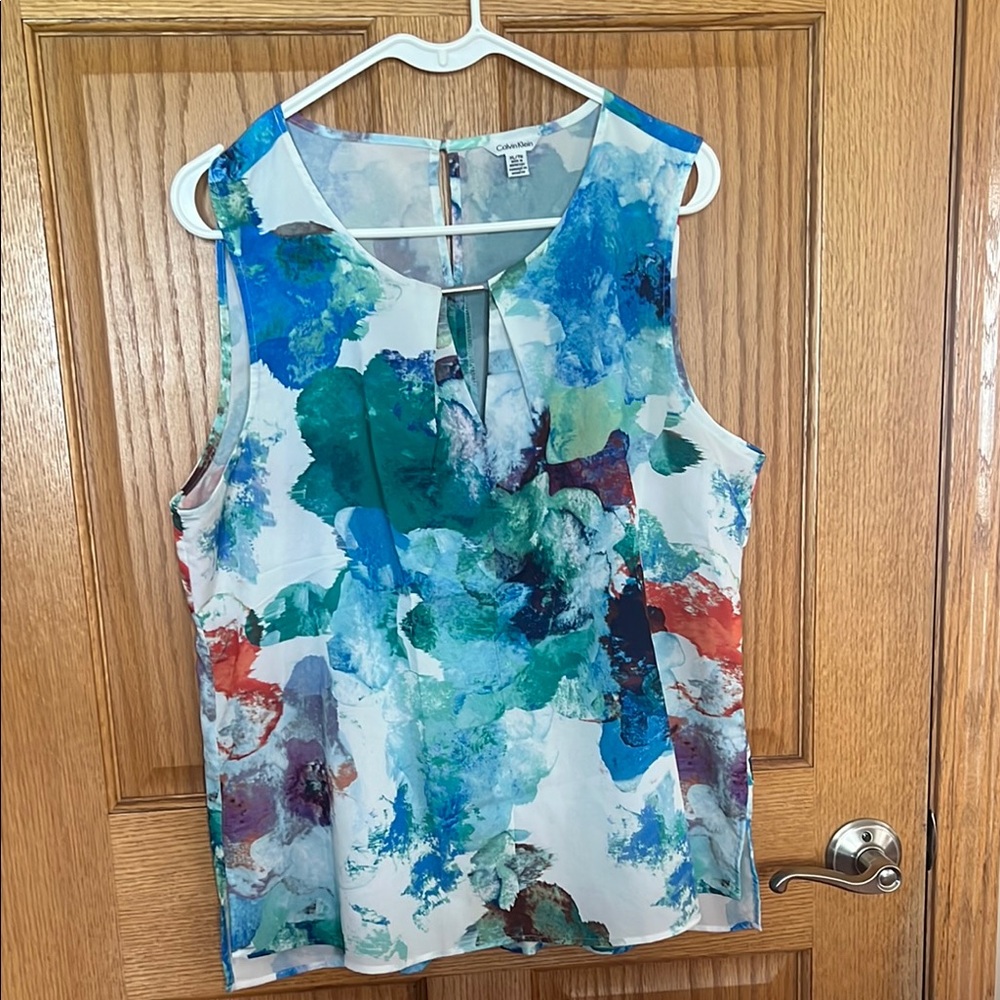 Calvin Klein Blue Sleeveless Blouse with Rounded Neckline
